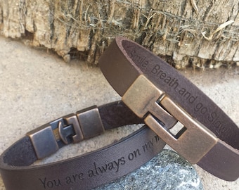 FREE SHIPPING-Hidden Message Bangle,Bracelet For Men,Custom Men Bracelet,Personalize Leather Men Bracelet,Engraved Leather Wristband For Dad