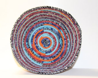 Large Multi-Colored Clothesline Basket, Coiled Bowl, Fabric Basket, Fabric Bowl, Fabric Pottery, Coiled Basket