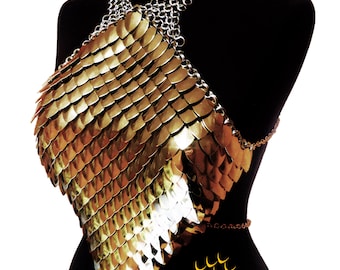 Scale mail GOLD DRESS - scalemail gold halter - night dress - goddes - metallic top - costume - festival