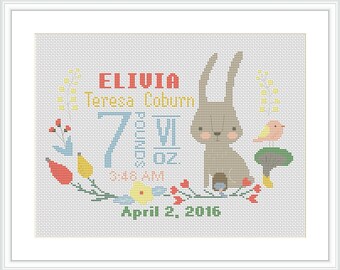 Baby Birth announcement Cross stitch pattern Record chevron Bunny cross stitch pattern PDF Woodland Animal cross stitch chart DIY X195