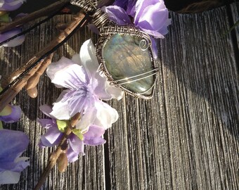 Dusty rose and rainbow, sunset, labradorite pendant in oxidized sterling silver, wire wrapped pendant, boho