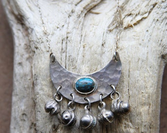 Turquoise Crescent Moon with Bells Sterling Silver Necklace