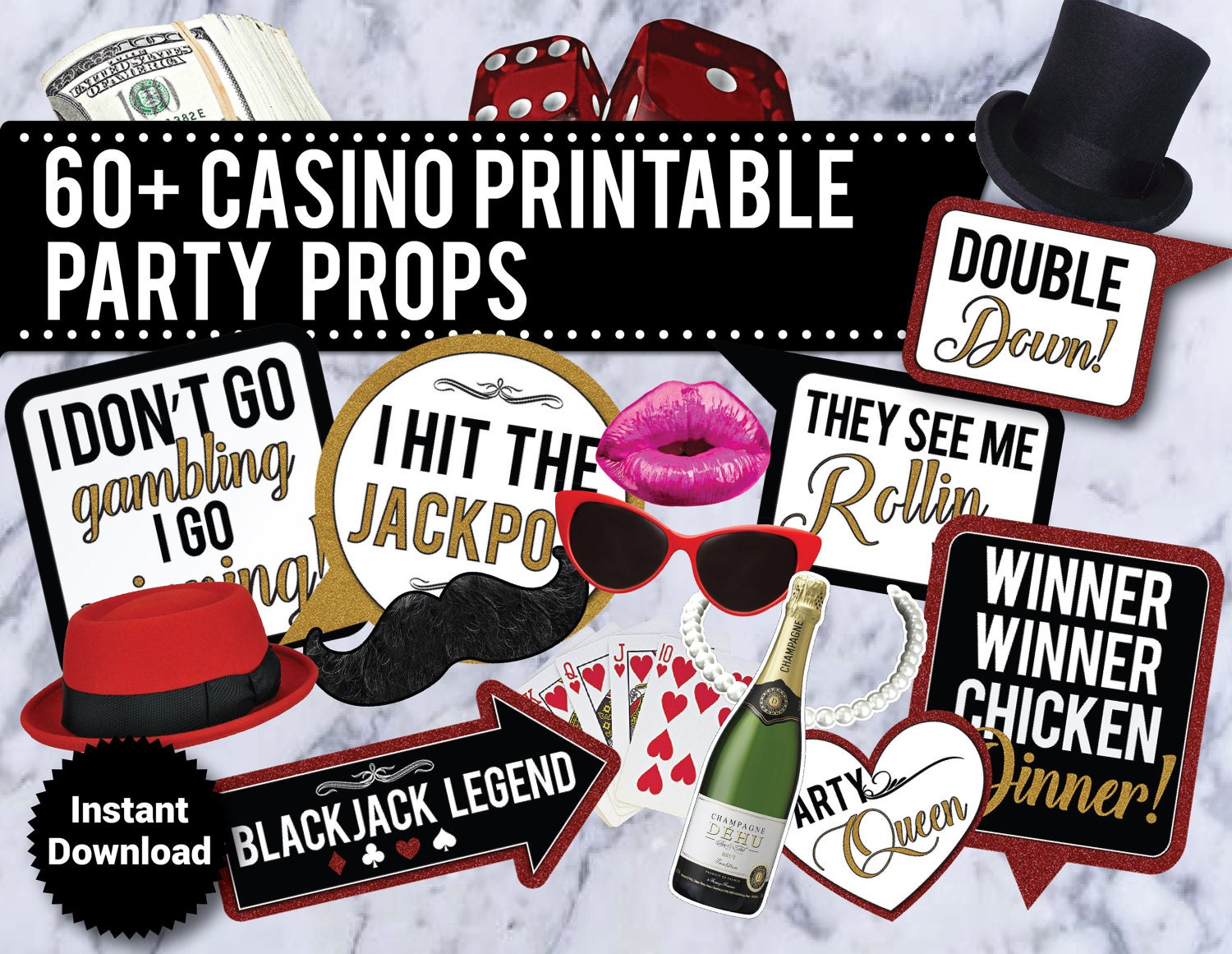60 Casino Theme PRINTABLE Photo Booth Props Adult props