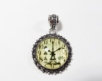 Eiffel Tower Clock Glass Pendant, Sterling Silver Pendant, 48x34mm, Hippie Paris Necklace, Bohemian Boho Jewelry, Boho Sterling Pendant