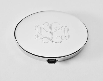 Custom Engraved Pill Box Personalized Silver Oval with Mirror and Removable Divider -Hand Engraved