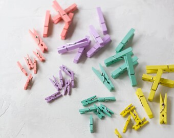 Colorful Painted Clothespins - Mini / Small - 24 pc - Coral Pink / Lavender Purple / Mint Green / Yellow