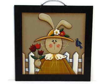 Primitive Bunny, Flowers, Fence Plaque, Handpainted Wood, Hand Painted Prim Spring Home Decor, Wall Art, Tole Decorative Painting, B7