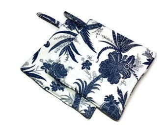 Handmade Quilted Pot Holders Set of 2 Navy Blue White Potholders