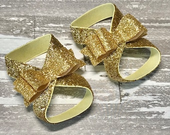 Gold Glitter Barefoot Sandals, Shiny Bows, Baby Stretchy Summer Shoes Frosted Over the Top First 1st Birthday Outfit Photo Prop Newborn Girl