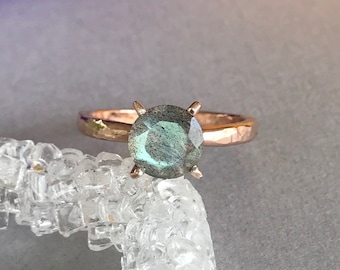 Natural Labradorite Ring, Rose Gold Hammered Sterling Silver Round Faceted Labradorite Genuine Stone Engagement And Promise Solitaire Ring