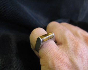 Tigers eye jewelry, gem stone ring silver vintage size 7 brown gemstone