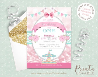 DIGITAL INVITATION, Carousel Birthday Invitation, Carousel Party Invitation, Pink and Mint Carousel Invitation, Carousel Printable