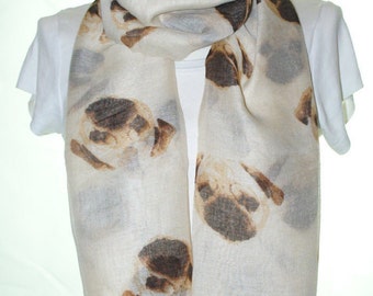 Beige pug dog print scarf, Beach Wrap, Cowl Scarf, pug print scarf, cotton scarf, gifts for her