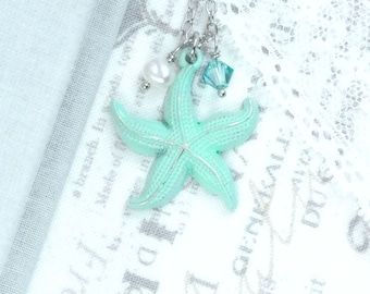 Green Ocean Necklace Starfish Pendant Necklace Green Beach Necklace Starfish Jewelry