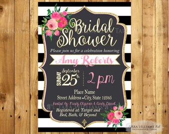 Black & White Striped Bridal Shower Invitation-Stripes-Pink-Black and White-Kate Inspired-Wedding-Printable-Custom-You Print