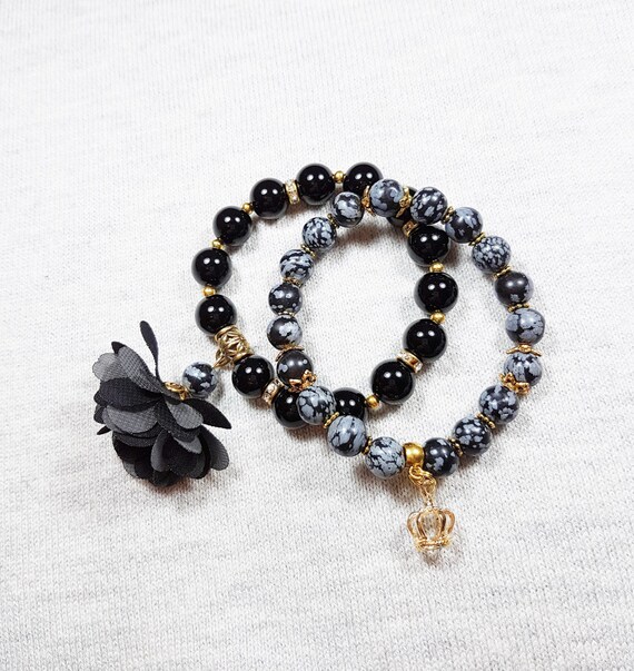 Snowflake obsidian bracelet Black onyx bracelet Flower girl