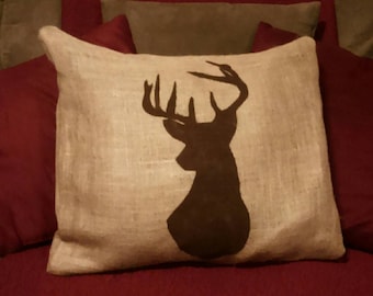 Deer Pillow, Burlap Deer Pillow, Buck Pillow, Burlap Pillow, Deer silhouette pillow, Hunter Pillow, Outdoorsman pillow, Country Primitive
