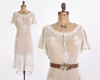 Vintage 70s CROCHET DRESS / 1960s Boho Ivory Sheer Midi Dress