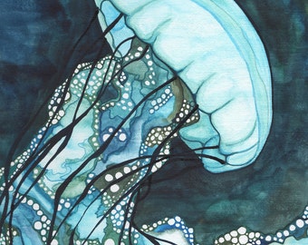 AQUA Sea Nettle Jellyfish 8.5 x 11 print of detailed watercolour artwork in dark turquoise blue and teal seaweed green, marine ocean jellies