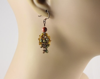 Gold Dangle Earrings, Lampwork Earrings, Fall Earrings, Beaded Earrings, Dangle Earrings, Glass Bead Earrings, Goldstone Earrings
