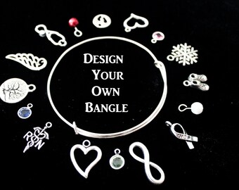 Personalize Your Own adjustable bangle / Stackable Bangles / Choose Your Own Charms / Silver Bracelets over 200 charms