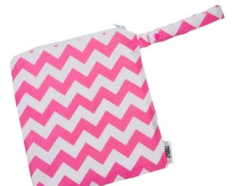 Spring Sale Chevron Pink and White - 12x12 Sweet Bobbins Wet Bag - SEAM SEALED - Snap Strap with Embroidery in turquoise