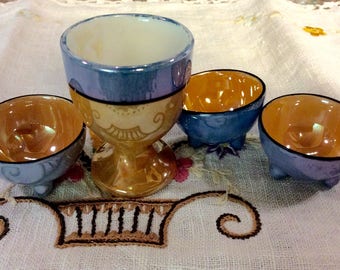 Luster ware egg cup / nut or salt bowls / 3