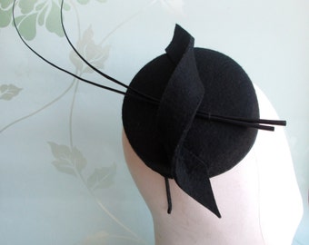 Black Pillbox Hat - Pillbox Hat, Perch Hat, Felt Hat, Race Hat, Wedding Hat, Formal Hat, Pill box hat, Vintage