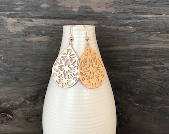 Rose gold filigree earrings, rose gold earrings
