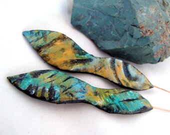Flat Pods Polymer Clay Textured Relief Teal Golden, Black Wavy Shimmery Lightweight Copper Headpins Numi- Poly Pair (2)