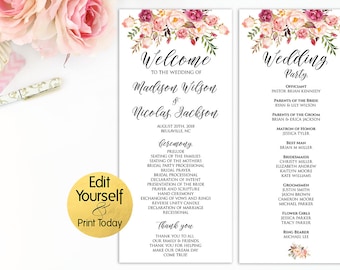 Editable Wedding Program, Wedding Program Template, Wedding Programs, Printable Wedding Program, DIY Wedding Program, Ceremony Template, W1