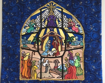 Embroidered Stained Glass Nativity Wall Hanging