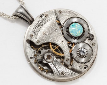 Steampunk Necklace with Vintage Waltham Pocket Watch Movement Flower Engraving on Silver Rope Chain, Crystal & Opal Pendant, Jewelry Gift