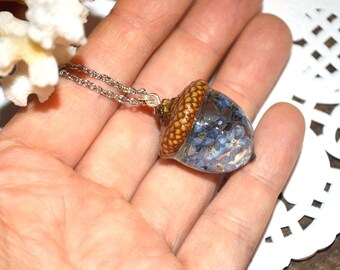 acorn necklace forget-me-nots acorn jewelry blue and brown gift for her girlfriend gift ideas for nature lovers daughter gift bridesmaids