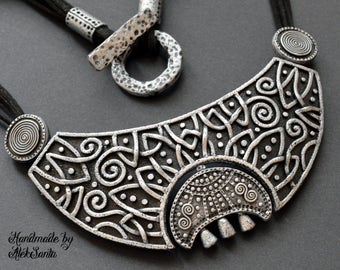 Celestial gift Moon necklace Statement jewelry Celtic necklace Statement necklace Black necklace Gothic necklace Polymer clay jewelry