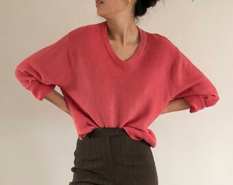 vintage mens sweater / boyfriend sweater / oversized salmon sweater / slouchy sweater | xl