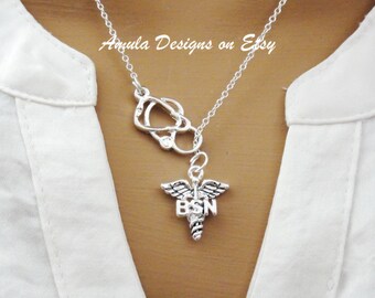 BSN Bachelor of Science Nursing RN Student Graduation Gift Caduceus Stethoscope Lariat Necklace