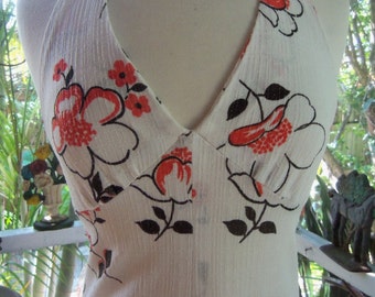 70s FLORAL HALTER DRESS--Stretchy--Textured Fabric--Orange Flowers--Skimpy