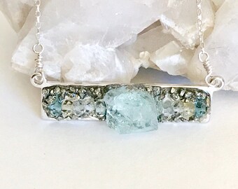 Raw Jewelry Gift for Her, Rough Aquamarine Necklace, March Birthstone Necklace, Aquamarine Jewelry for March, Gemstone Bar Necklace, Blue