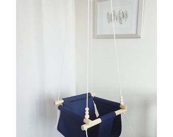 baby swing, navy swing, toddler swing, baby swing, indoor swing, outdoor swing, fabric swing, baby shower gift, holiday gift, nursery decor