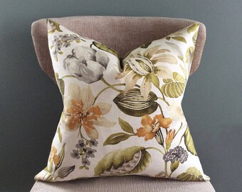 Pillow cover, Green Orange decorative pillow, Linen pillow, Cream Grey White pillow cover, Throw pillows, Floral pillow, Garden