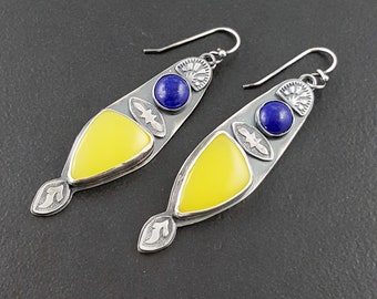 Canary Chalecdony and Lapis Earrings, sterling silver, bohemian earrings, dangle earrings, michele grady, stamped, blue yellow,metal jewelry