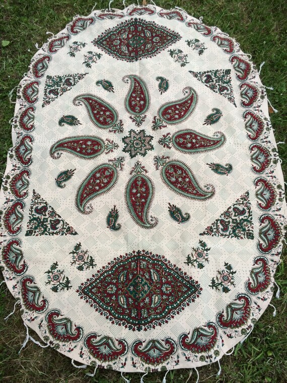 Oval tablecloth, traditional handmade green tapestry, natural dyes with tassels