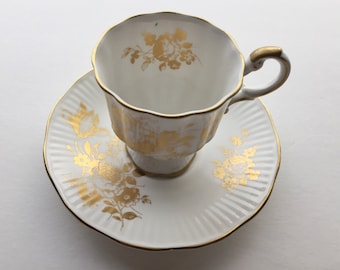 Vintage Rosina English Bone China Teacup and Saucer - Pretty Gold Floral Pattern - English China - Staffordshire Pottery