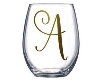 Single Letter Monogrammed Stemless Wine Glass. Monogram Initial. Bridesmaid. Bride. Bridal Party. Best Friend Birthday Gift. For her. Custom