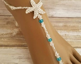 Turquoise Rhinestone Starfish Crystal Barefoot Bottomless Wedding Bridal Sandal