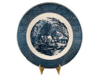 Vintage Blue Currier & Ives Dinner Plate // Currier and Ives Blue by Royal China Old Grist Mill Dinner Plate Reduced Price Imperfection
