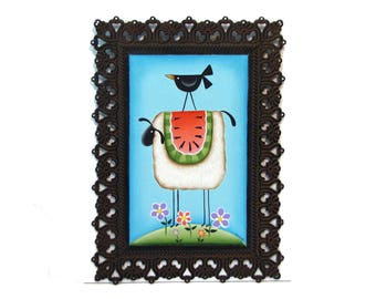 Prim Sheep, Watermelon, Crow, Filigree Metal Frame, Handpainted Sign, Hand Painted Primitive Decor, Wall Art, Tole Decorative Painting, B3