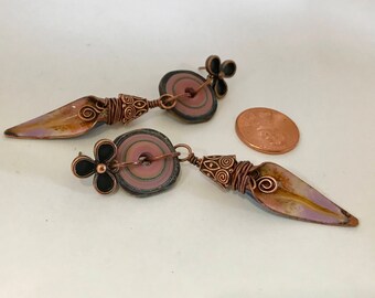 Handmade Copper Earrings with Artisan Lampwork and French Enamels in Brown and Pink - OOAK