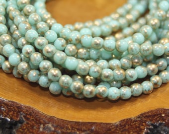 Czech Glass Beads, 4mm Round Druks, Mint and Gold, 50 Beads